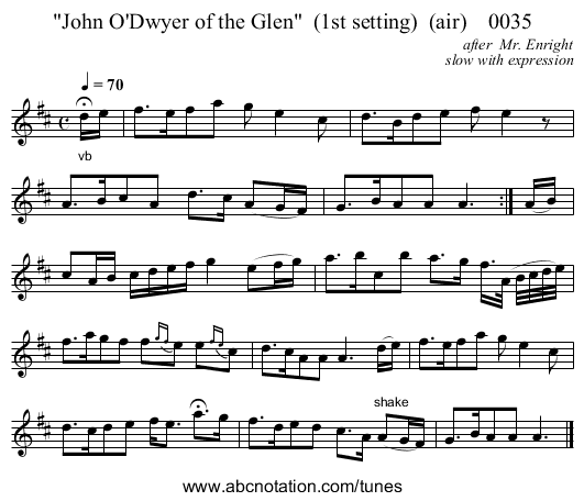John O'Dwyer of the Glen  (1st setting)  (air)    0035 - staff notation