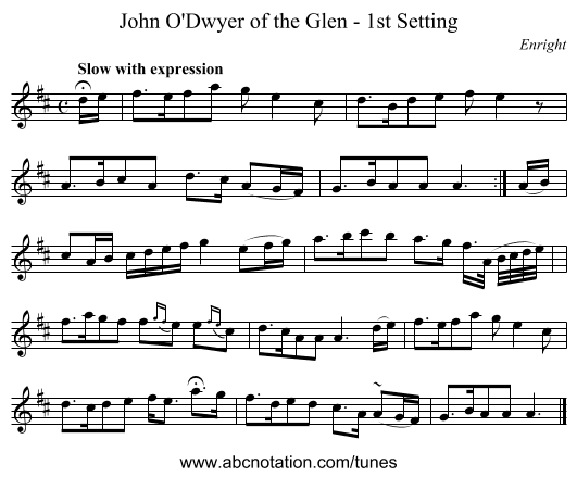 John O'Dwyer of the Glen - 1st Setting - staff notation