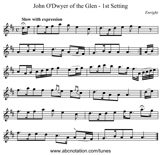 John O'Dwyer of the Glen - 1st Setting - staff notation