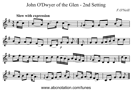 John O'Dwyer of the Glen - 2nd Setting - staff notation