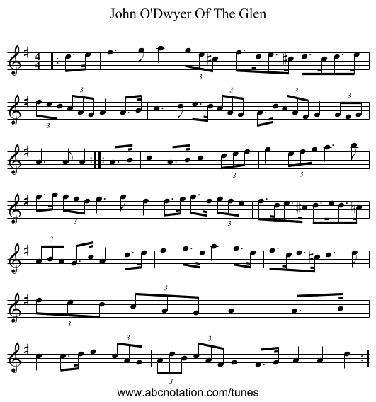 John O'Dwyer Of The Glen - staff notation