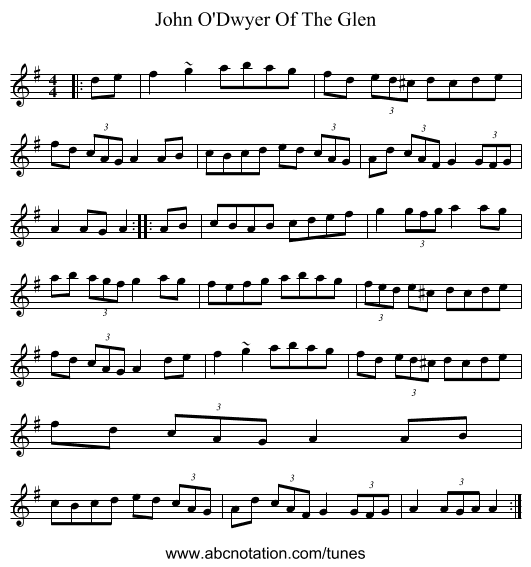 John O'Dwyer Of The Glen - staff notation