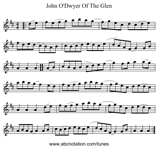John O'Dwyer Of The Glen - staff notation