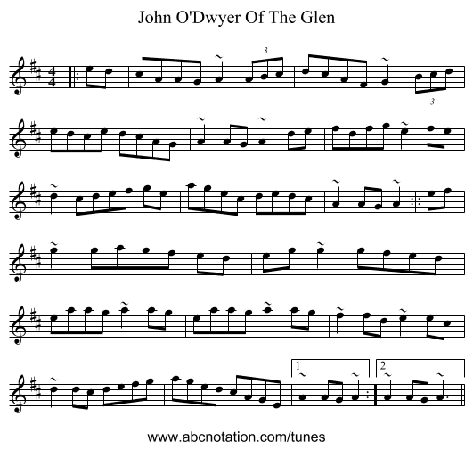 John O'Dwyer Of The Glen - staff notation