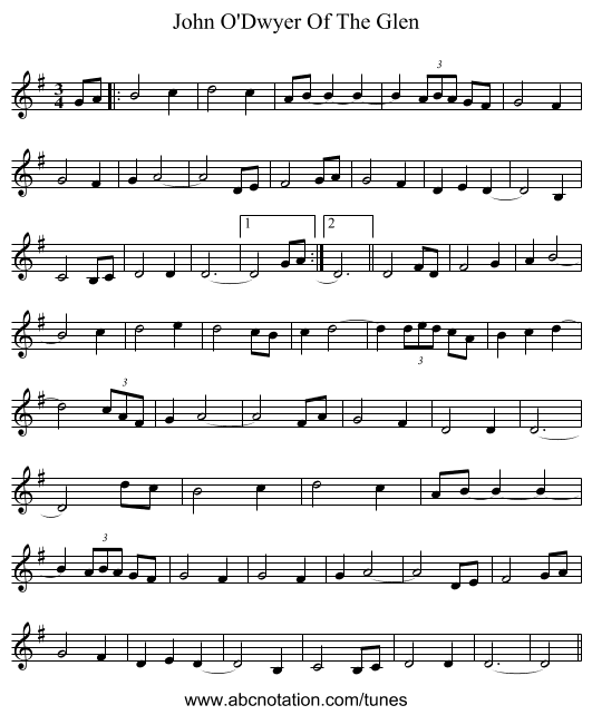 John O'Dwyer Of The Glen - staff notation