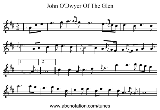 John O'Dwyer Of The Glen - staff notation