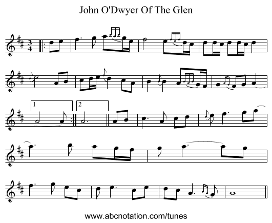 John O'Dwyer Of The Glen - staff notation