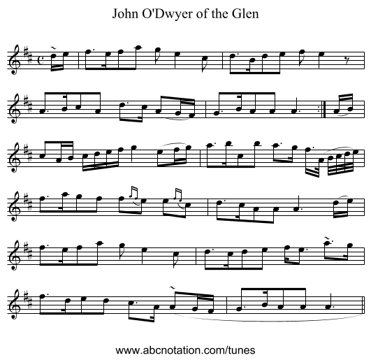 John O'Dwyer of the Glen - staff notation