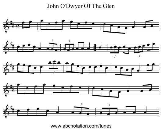 John O'Dwyer Of The Glen - staff notation