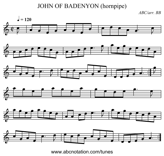 JOHN OF BADENYON (hornpipe) - staff notation