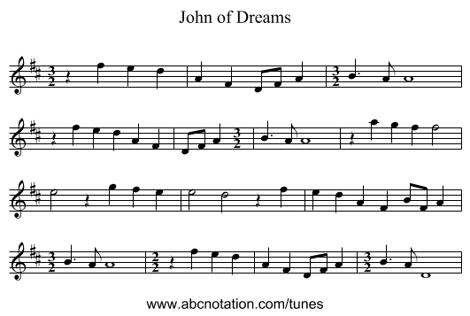 John of Dreams - staff notation