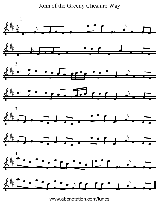 John of the Greeny Cheshire Way - staff notation
