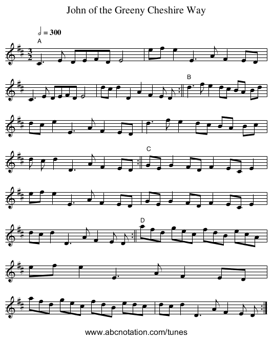 John of the Greeny Cheshire Way - staff notation