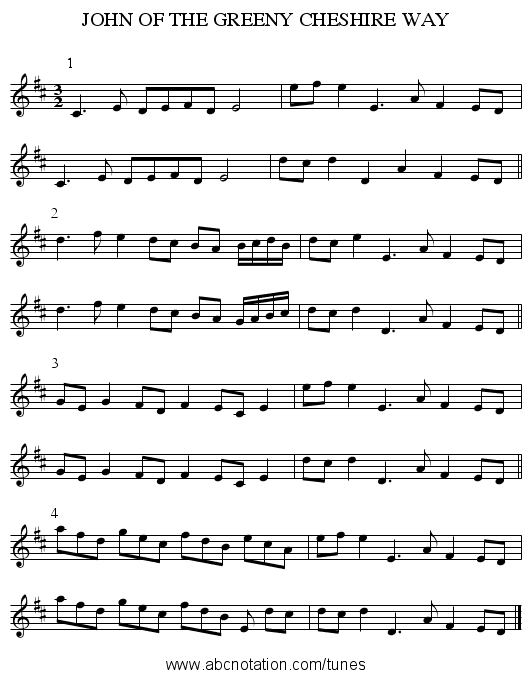 JOHN OF THE GREENY CHESHIRE WAY - staff notation