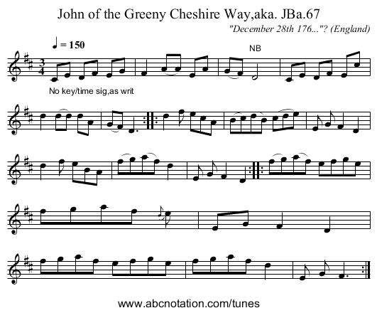 John of the Greeny Cheshire Way,aka. JBa.67 - staff notation