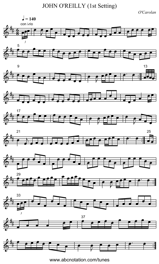 JOHN O'REILLY (1st Setting) - staff notation