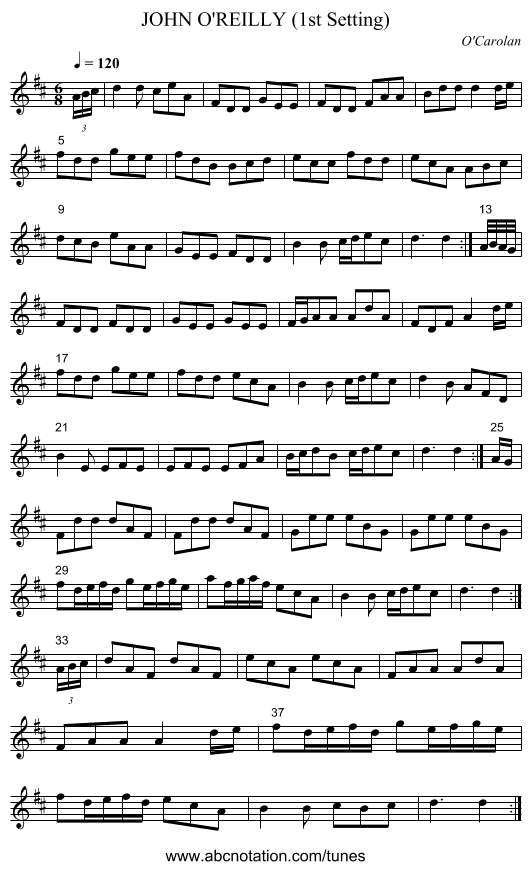 JOHN O'REILLY (1st Setting) - staff notation