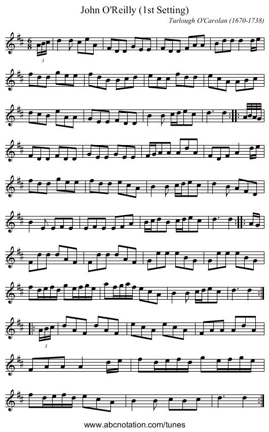 John O'Reilly (1st Setting) - staff notation
