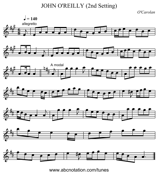 JOHN O'REILLY (2nd Setting) - staff notation