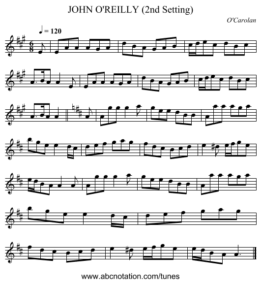 JOHN O'REILLY (2nd Setting) - staff notation