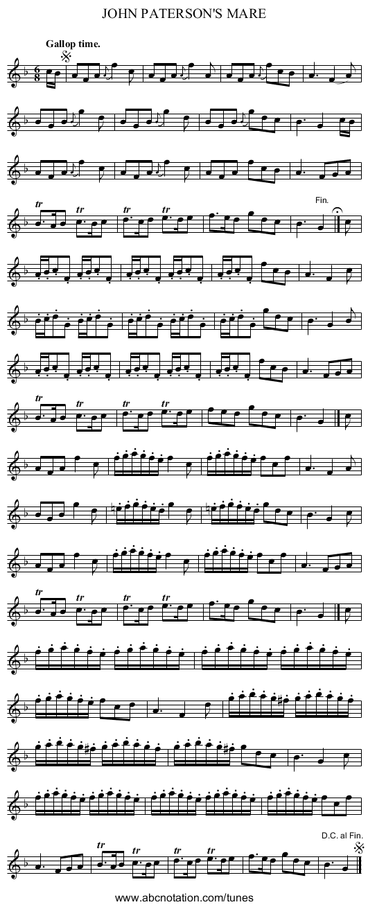 JOHN PATERSON'S MARE - staff notation