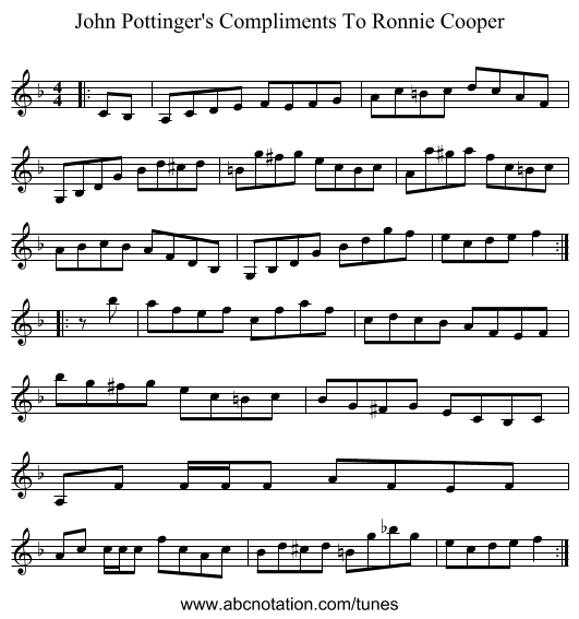 John Pottinger's Compliments To Ronnie Cooper - staff notation