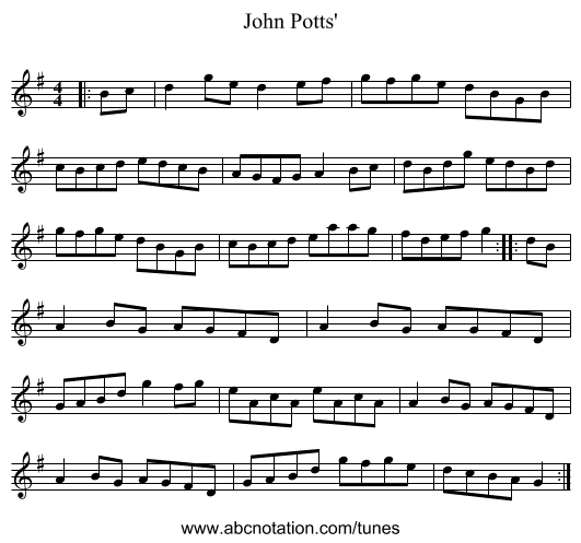 John Potts' - staff notation
