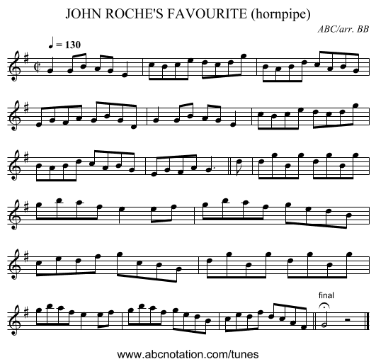 JOHN ROCHE'S FAVOURITE (hornpipe) - staff notation