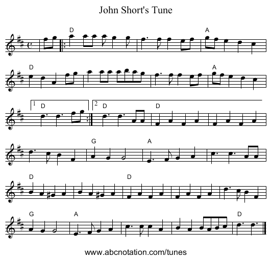 John Short's Tune - staff notation