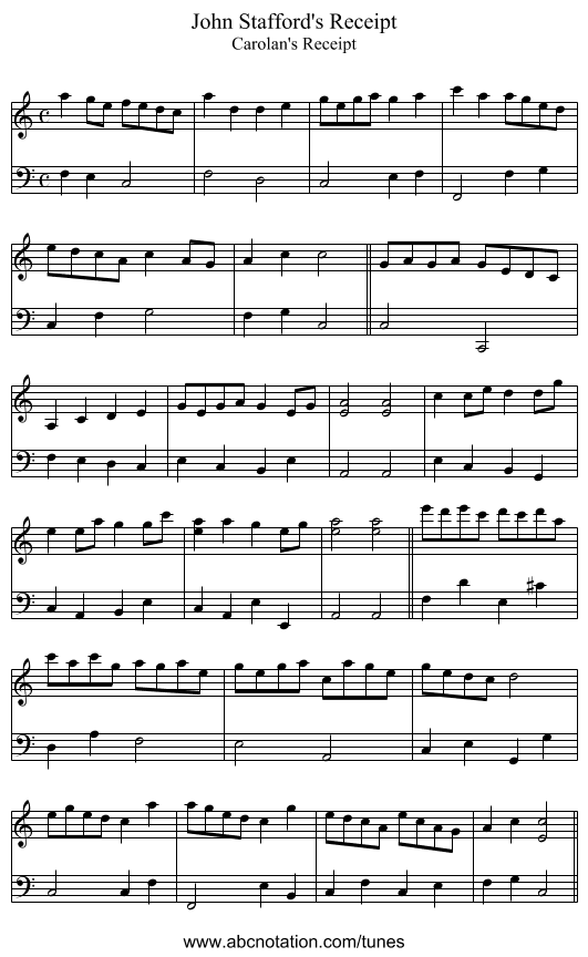 John Stafford's Receipt - staff notation
