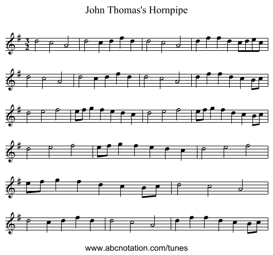 John Thomas's Hornpipe - staff notation