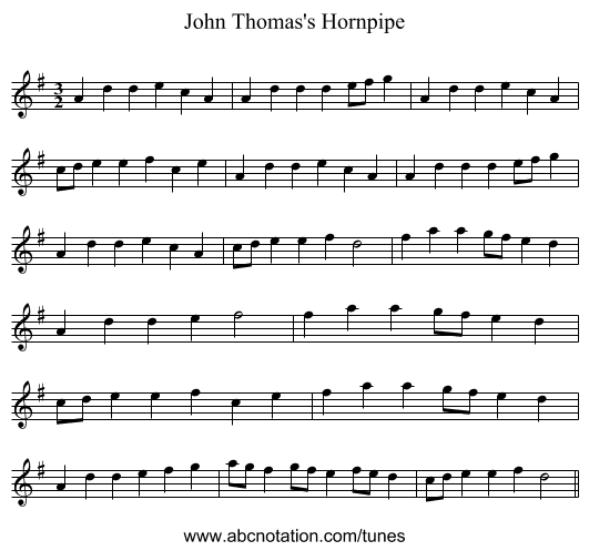 John Thomas's Hornpipe - staff notation