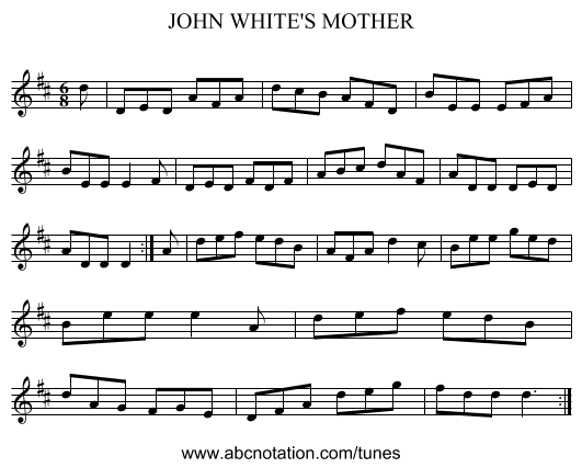 JOHN WHITE'S MOTHER - staff notation