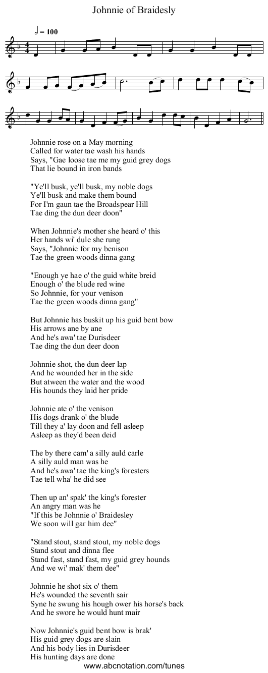 Johnnie of Braidesly - staff notation