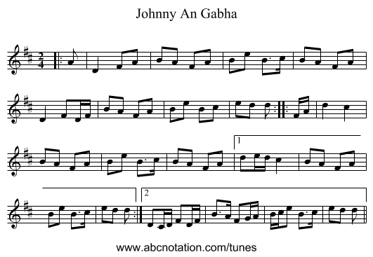 Johnny An Gabha - staff notation
