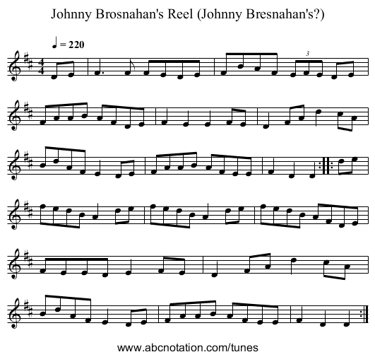 Johnny Brosnahan's Reel (Johnny Bresnahan's?) - staff notation