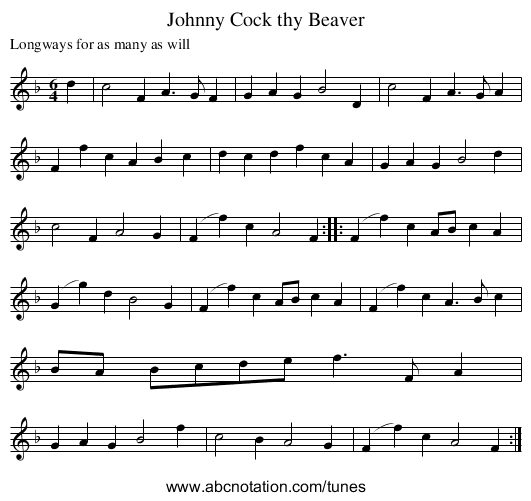 Johnny Cock thy Beaver - staff notation