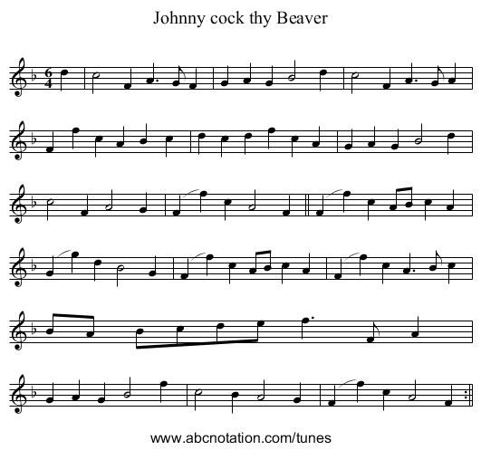 Johnny cock thy Beaver - staff notation