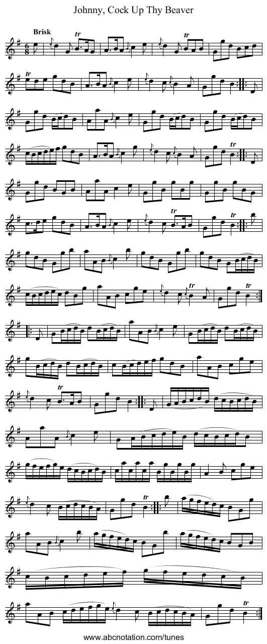 Johnny, Cock Up Thy Beaver - staff notation