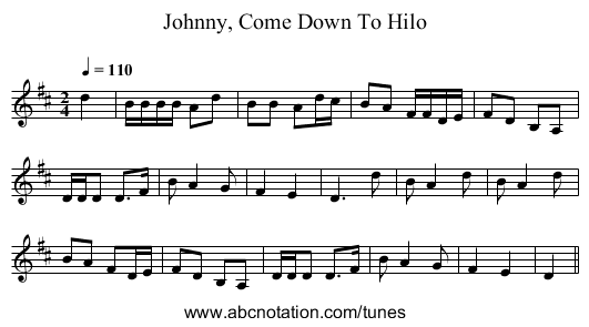 Johnny, Come Down To Hilo - staff notation