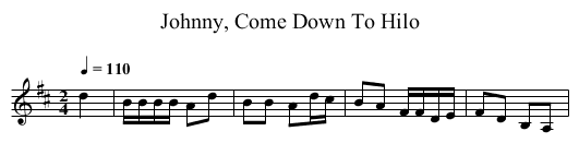 Johnny, Come Down To Hilo - staff notation