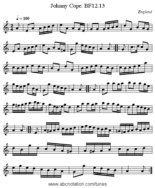 Johnny Cope. BF12.13 - staff notation