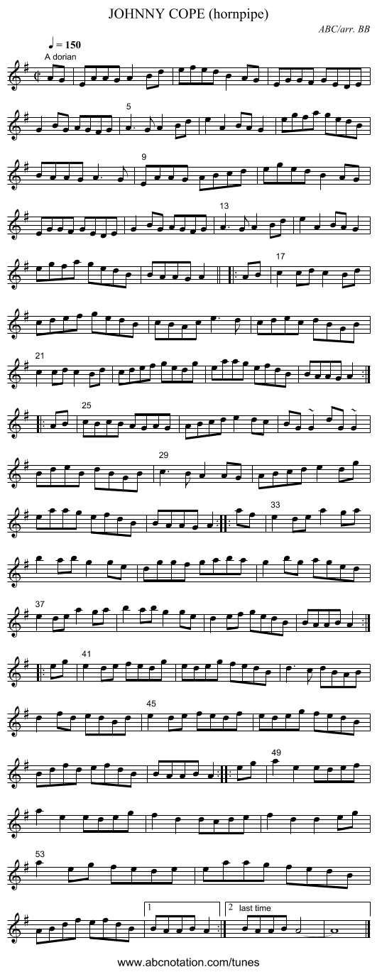 JOHNNY COPE (hornpipe) - staff notation