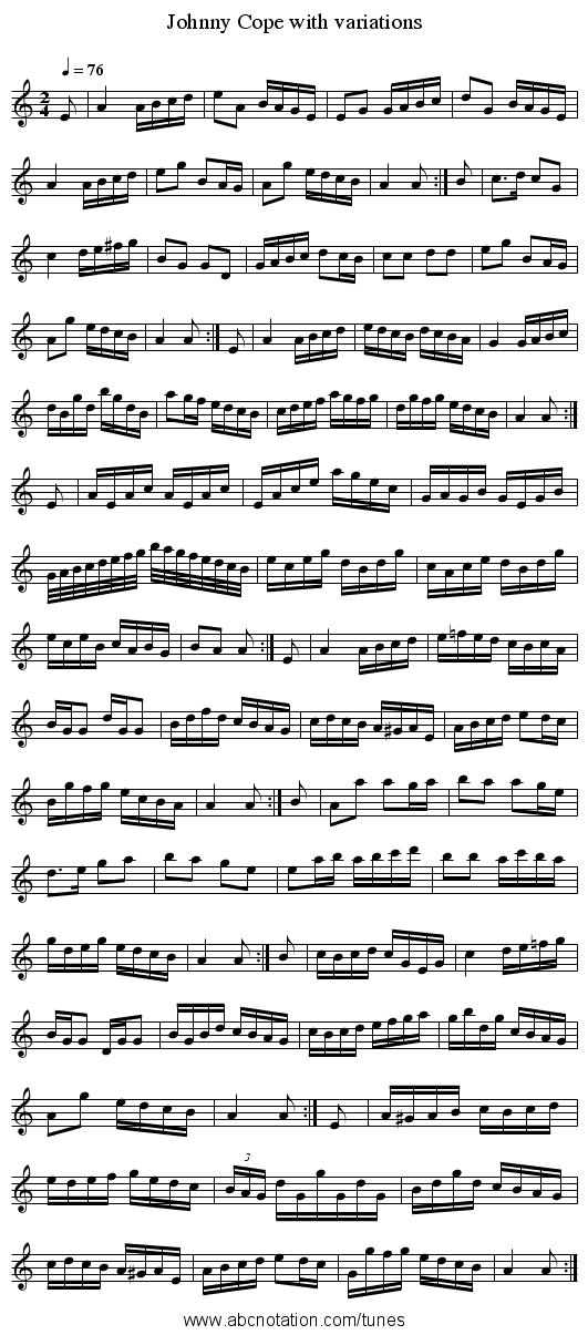 Johnny Cope with variations - staff notation