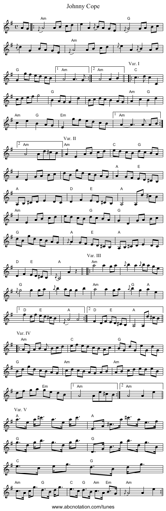 Johnny Cope - staff notation