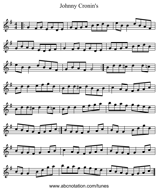 Johnny Cronin's - staff notation