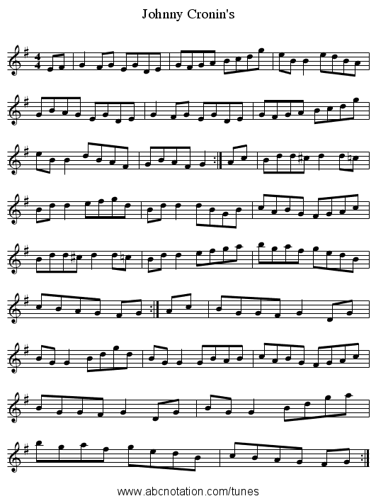 Johnny Cronin's - staff notation