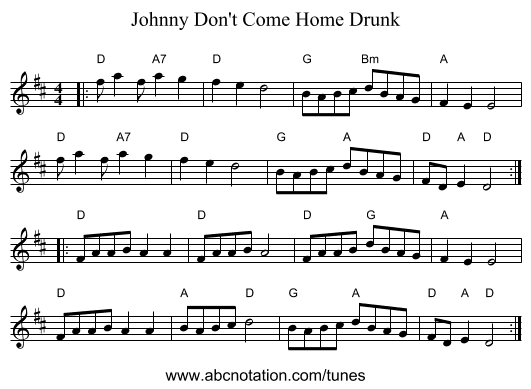 Johnny Don't Come Home Drunk - staff notation