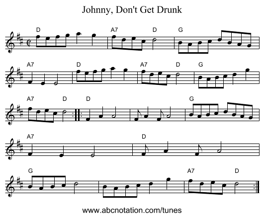 Johnny, Don't Get Drunk - staff notation