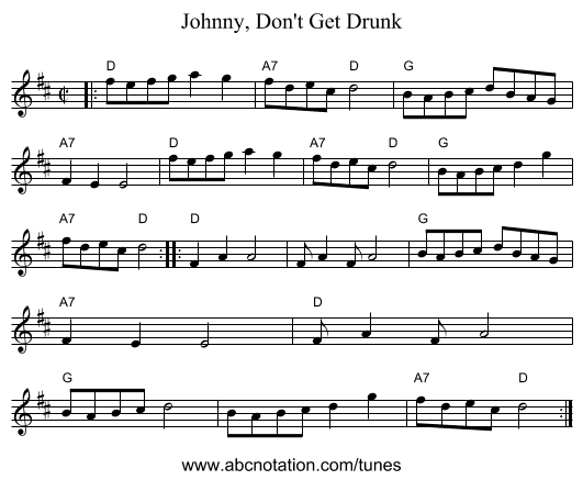 Johnny, Don't Get Drunk - staff notation